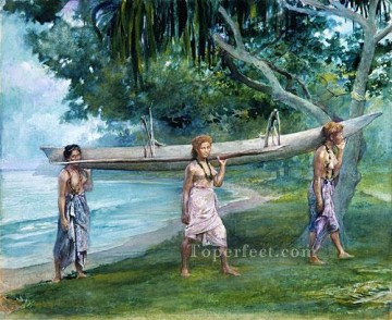 ジョン・ラファージ Painting - サモアでカヌー・ヴァイアラを運ぶ少女たち ジョン・ラファージ